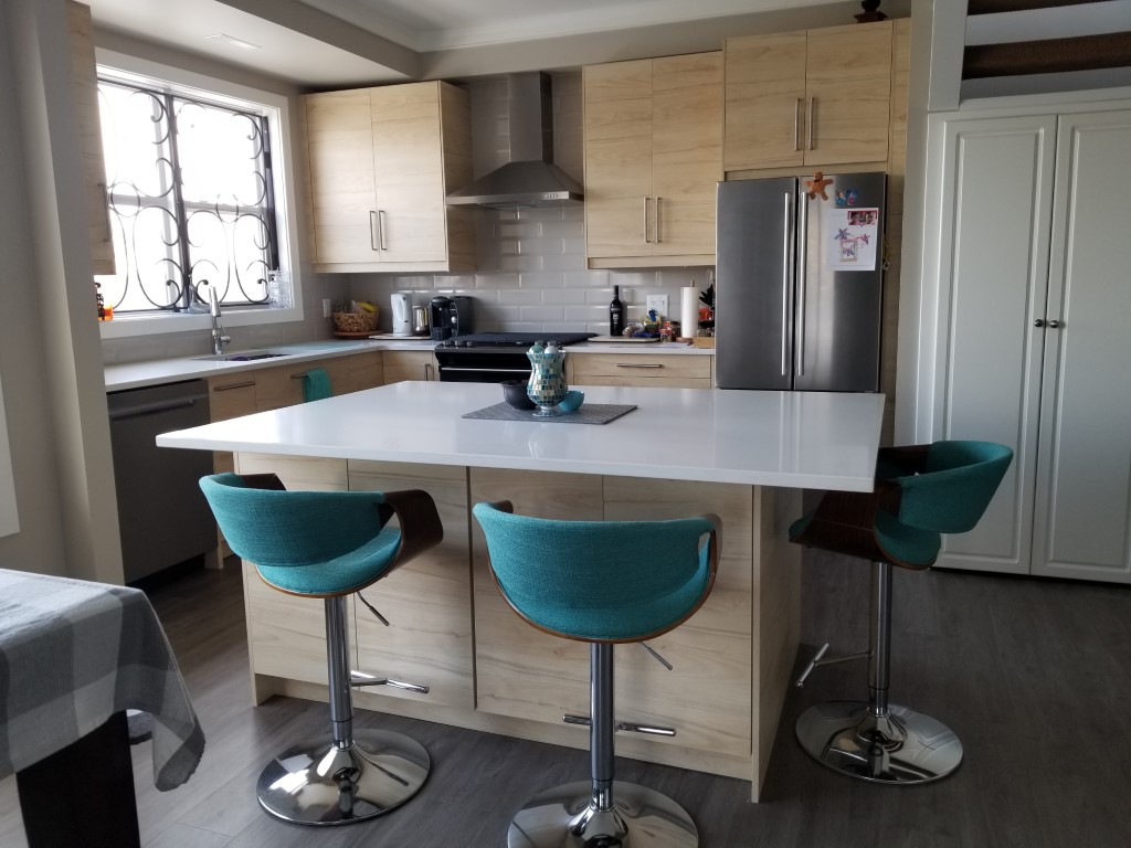 blue-green bar stools in a modern designed kitchen