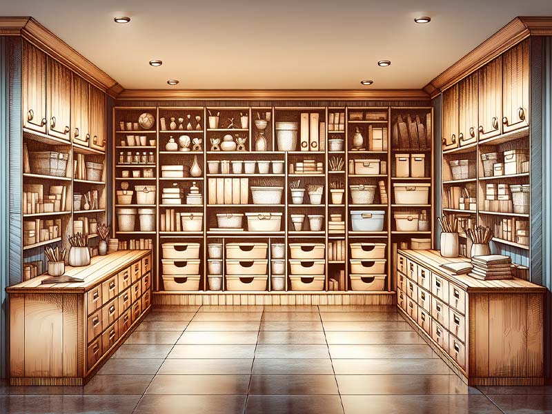 Transformed basement space with custom-built shelving units